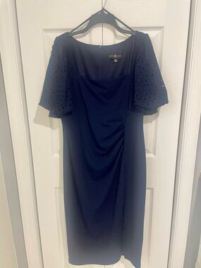 Betsy & Adam Navy Sheath Cocktail Dress with Eyelet Puff Sleeves